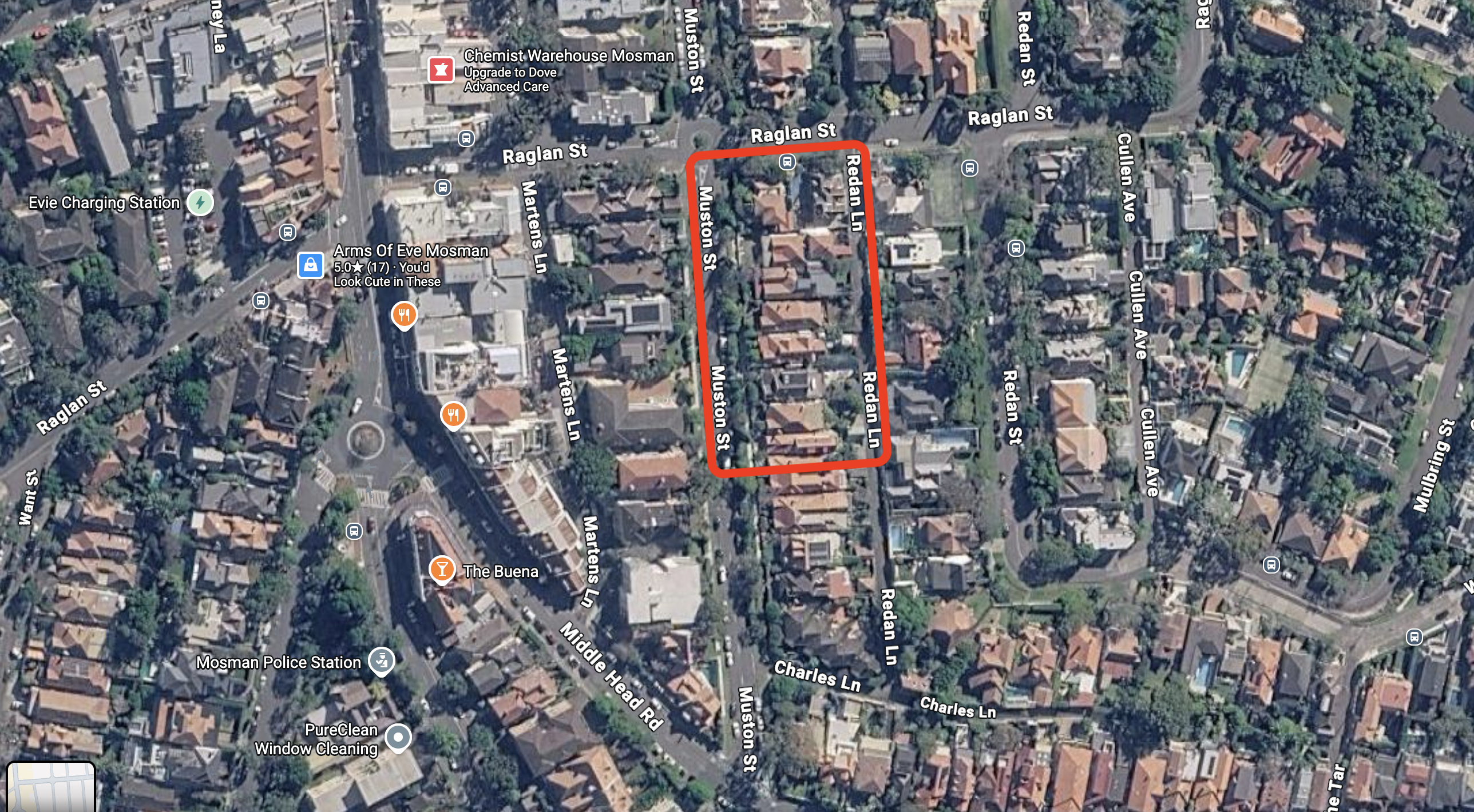 Resident-marked aerial image showing the indicative site beside Muston Street, Raglan Street and Redan Lane